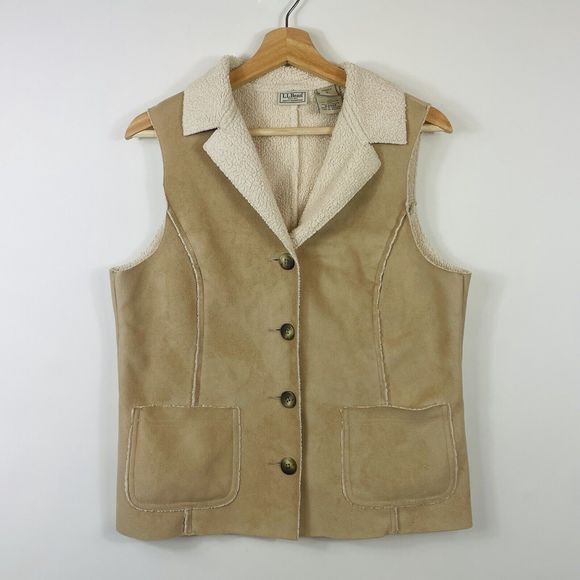 L.L. Bean Vintage Beige Faux Shearling Synthetic Fleece Lined Vest Womens Small - Picture 1 of 6